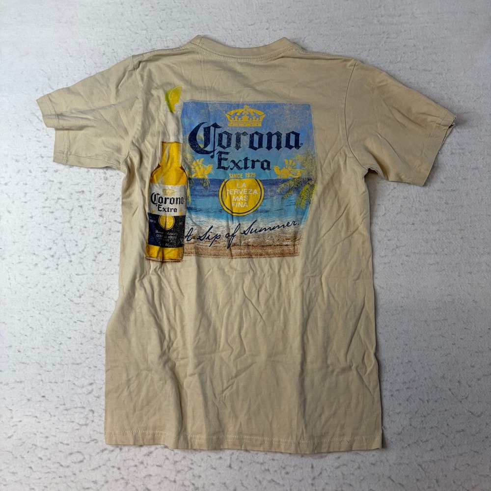 Corona Extra Graphic T-Shirt Mens Small Beige Short Sleeve Beach Beer Promo
